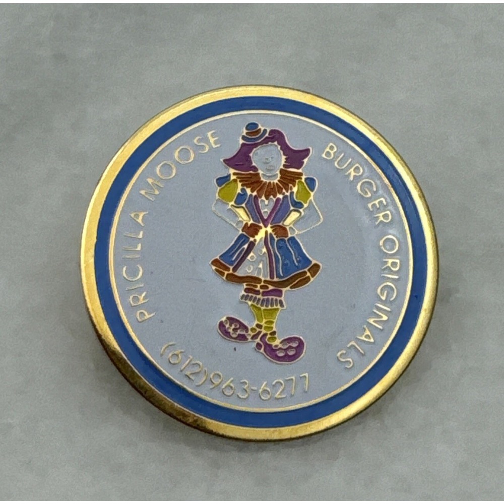 Vintage Pricilla Mooseburger Originals Clown College Lapel Pin Circus Pinback